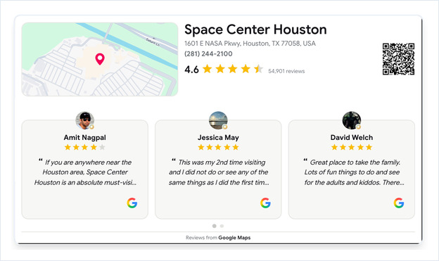 Google Reviews wall in the Carousel display mode, showing three reviews in a row