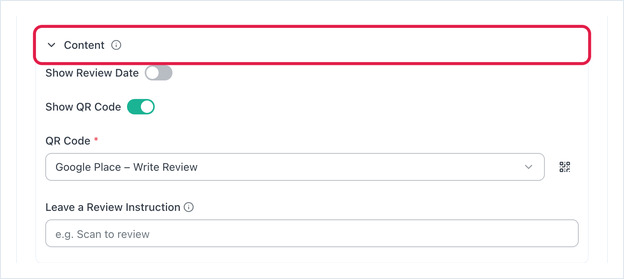 Content section expanded, showing Show Review Date, Show QR Code, QR Code and Leave a Review Instruction