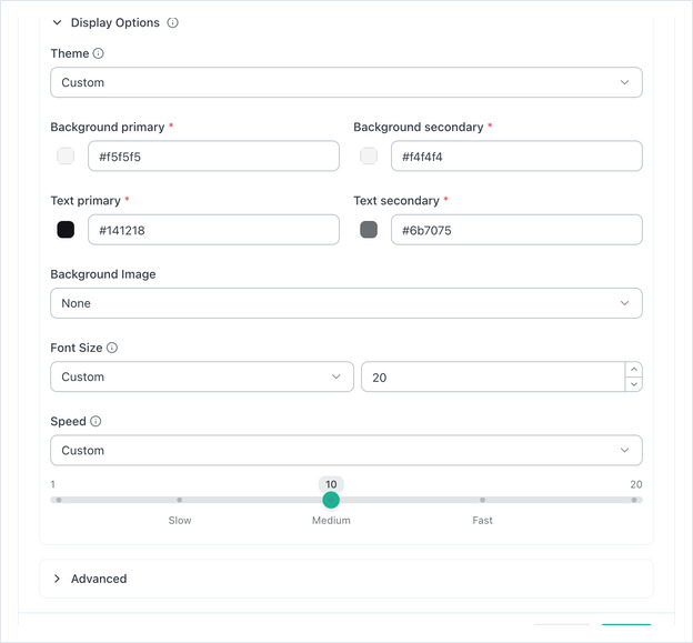 Display Options section expanded with Theme, Font Size and Speed set to Custom