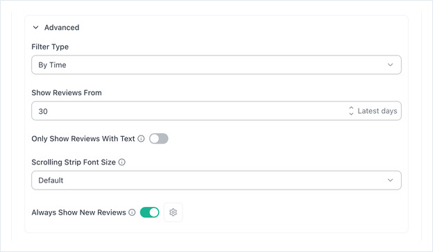 Advanced section expanded with Filter Type set to By Time and Always Show New Reviews on
