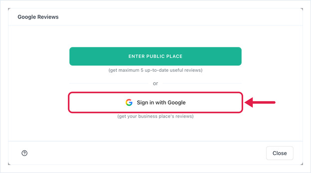Google Reviews dialog with the Sign in with Google button highlighted