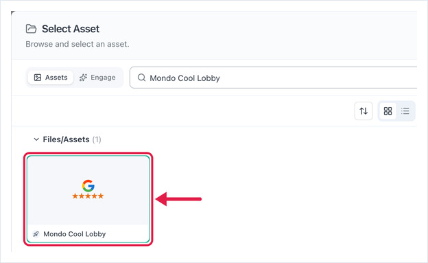 Select Asset dialog with the Google Reviews asset selected