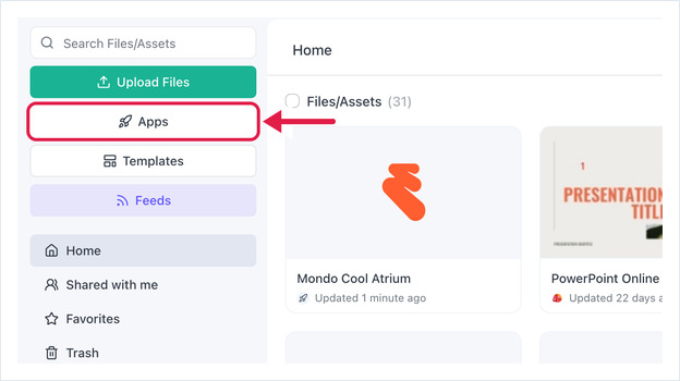 OptiSigns Files/Assets page with the Apps button highlighted
