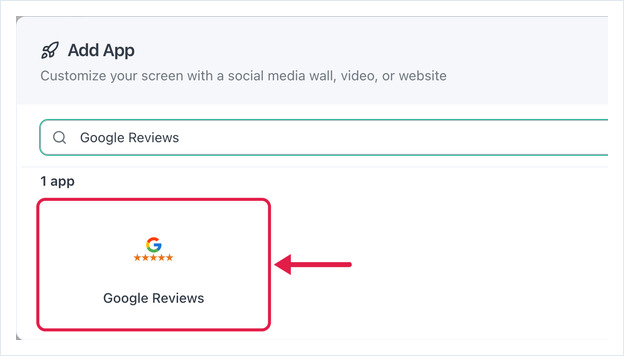 Add App dialog searched for Google Reviews, with the Google Reviews app card highlighted