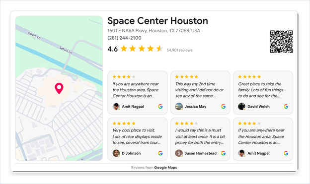 Google Reviews wall in the Box display mode, showing a grid of six reviews beside the map
