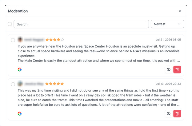 Moderation window listing reviews, each with hide and delete buttons
