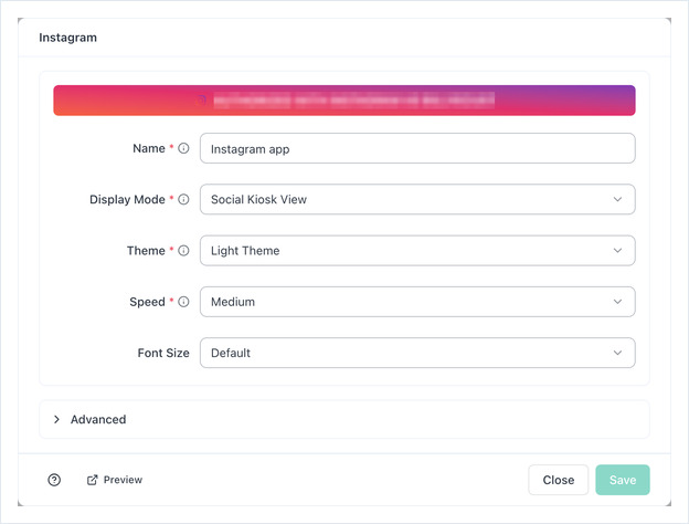 Instagram app form with the Name, Display Mode, Theme, Speed and Font Size fields