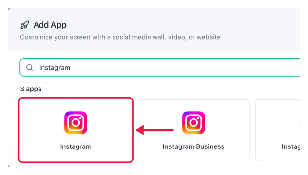 Add App dialog searched for Instagram, with the Instagram app card highlighted