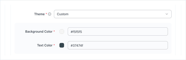 Theme set to Custom, showing the Background Color and Text Color fields