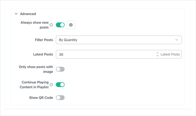 Advanced section expanded with Filter Posts set to By Quantity, showing the moderation, playlist and QR code options