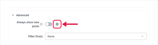 Advanced section with Always show new posts off and the moderation gear button highlighted