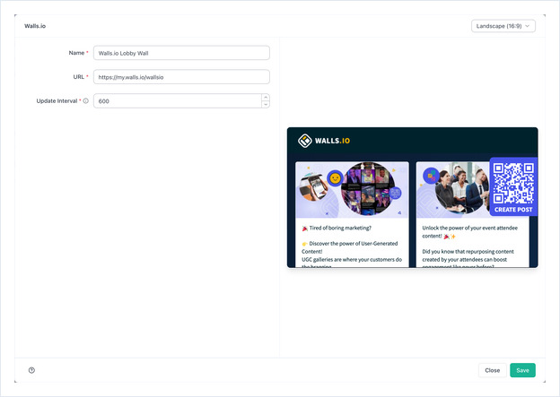 Walls.io app settings filled in with a name, a wall URL and an update interval of 600