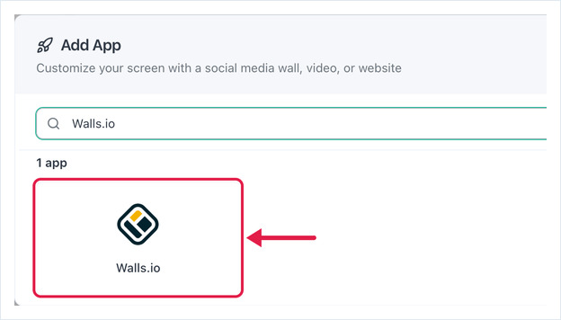 Add App dialog searched for Walls.io, with the Walls.io app card highlighted