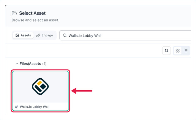 Select Asset dialog with the Walls.io asset selected