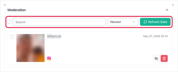 Moderation window with the Search box, Newest sort menu and Refresh Data button highlighted