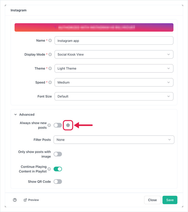 Instagram app Advanced settings with Always show new posts turned off and the gear button highlighted