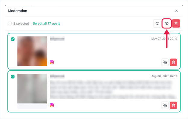 Two posts selected in the Moderation window with the hide-selected button highlighted in the top bar
