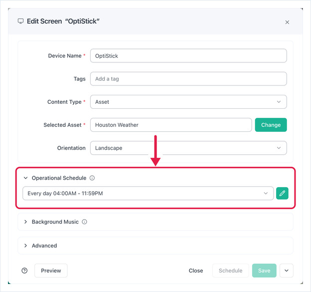 Edit Screen dialog with the Operational Schedule section highlighted