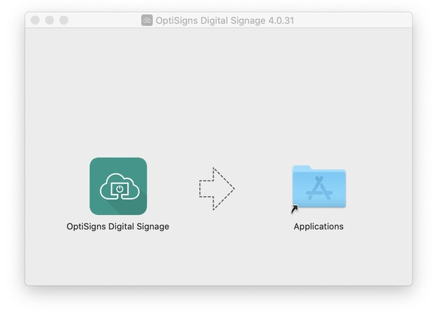 OptiSigns Digital Signage installer window with the app icon and the Applications folder