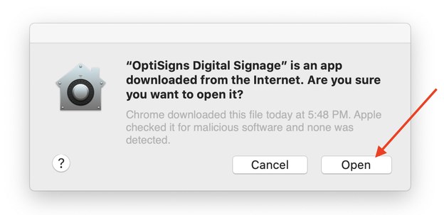 macOS prompt asking whether to open OptiSigns Digital Signage, with an arrow on Open
