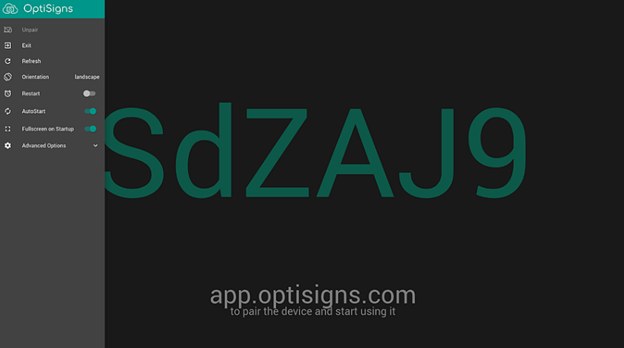 OptiSigns player side menu with Orientation, Restart, AutoStart and Fullscreen on Startup