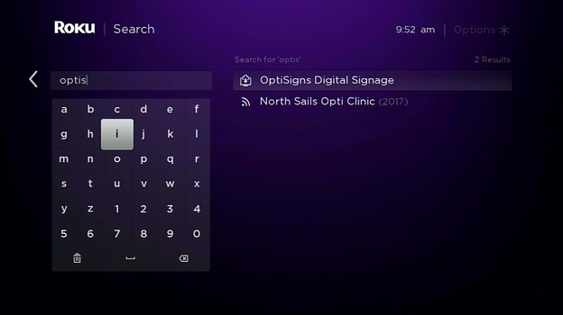 Roku Search screen with OptiSigns Digital Signage as the top result
