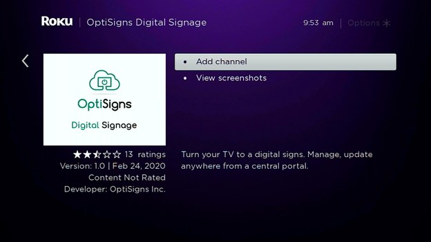 OptiSigns Digital Signage channel page on Roku with Add channel selected