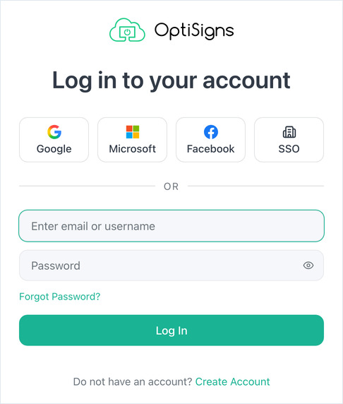 OptiSigns portal log-in page with Google, Microsoft, Facebook and SSO options