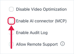 Preferences General section with the Enable AI connector (MCP) checkbox highlighted