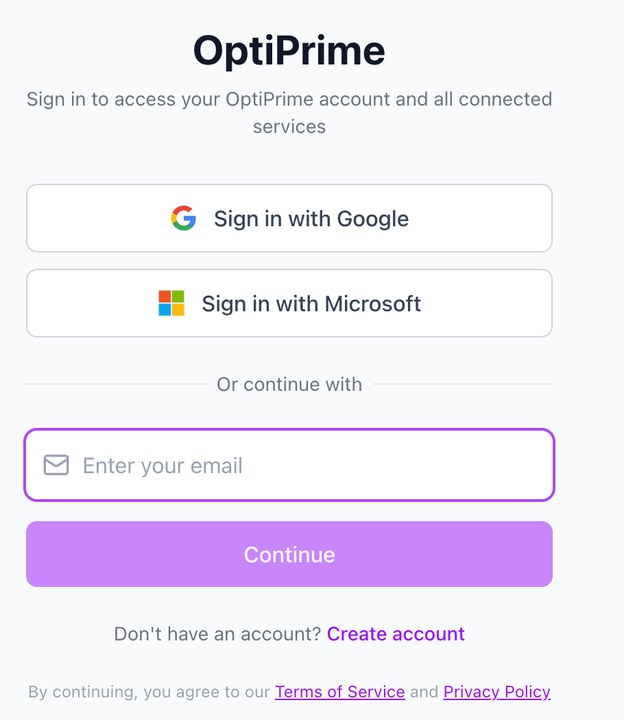 OptiPrime sign-in page with Sign in with Google, Sign in with Microsoft and an email field