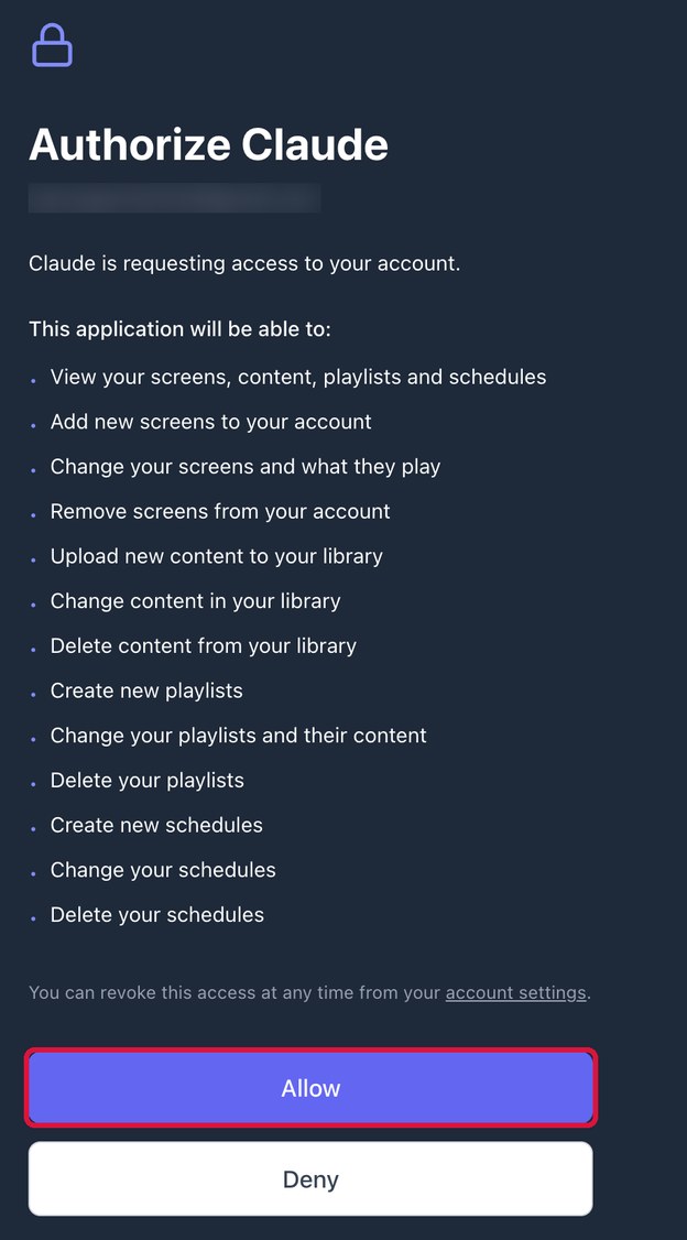 Authorize Claude page listing the permissions Claude is requesting, with the Allow button highlighted