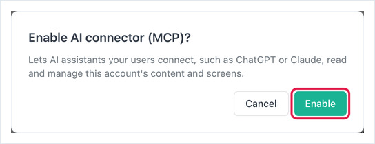 Enable AI connector (MCP) confirmation window with the Enable button highlighted